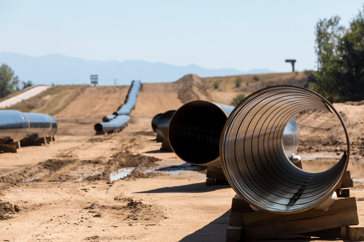 Store industrirør ligger fordelt på mark.